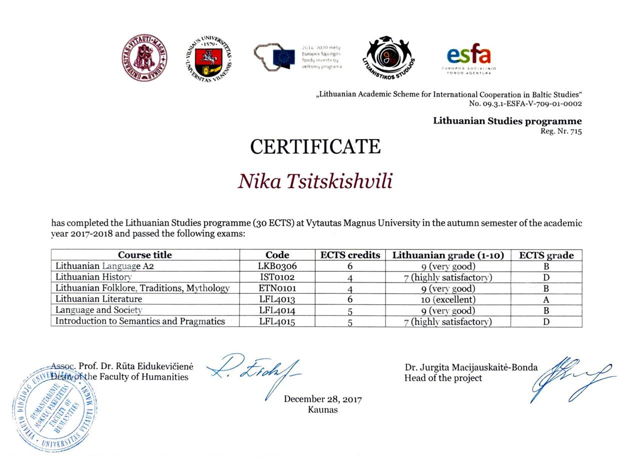 Certificate: Lithuanian Studies